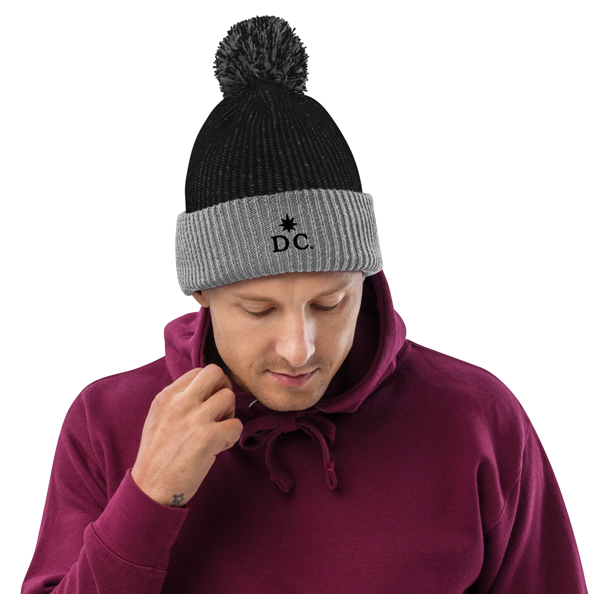 Charcoal Grey and Black Stripe Pom Pom Beanie | New Release